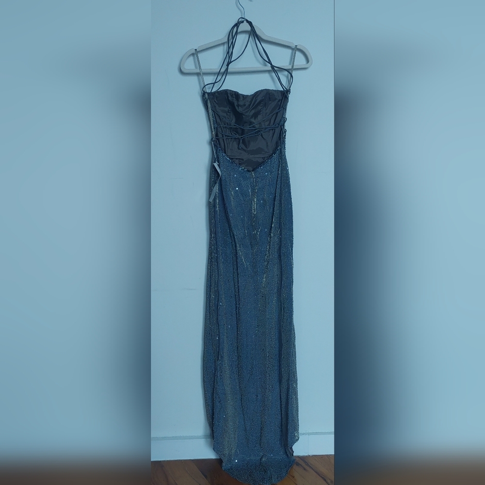Sue Wong Blue With Gold Hue Strapless Evening Gown With Strappy Back
